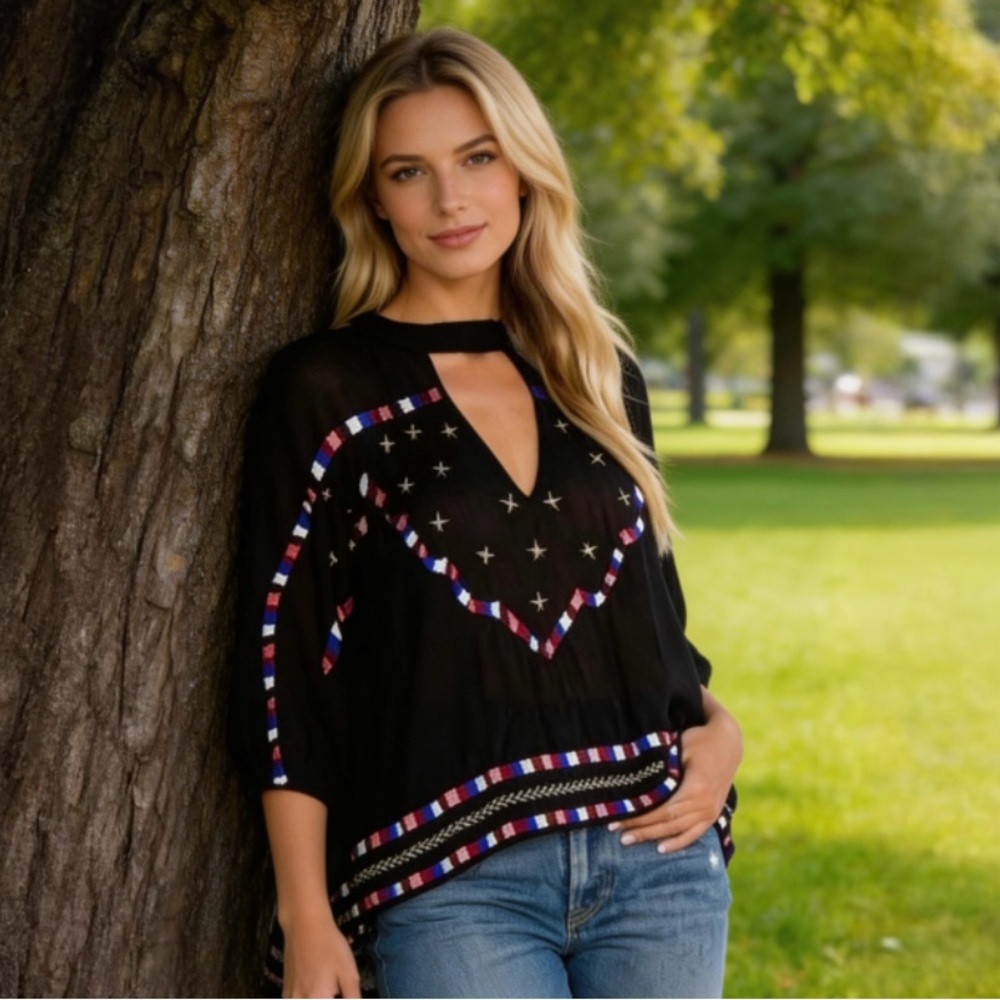 Anthropologie Chloe Oliver Marrakesh Black Embroidered Beaded Swing Top